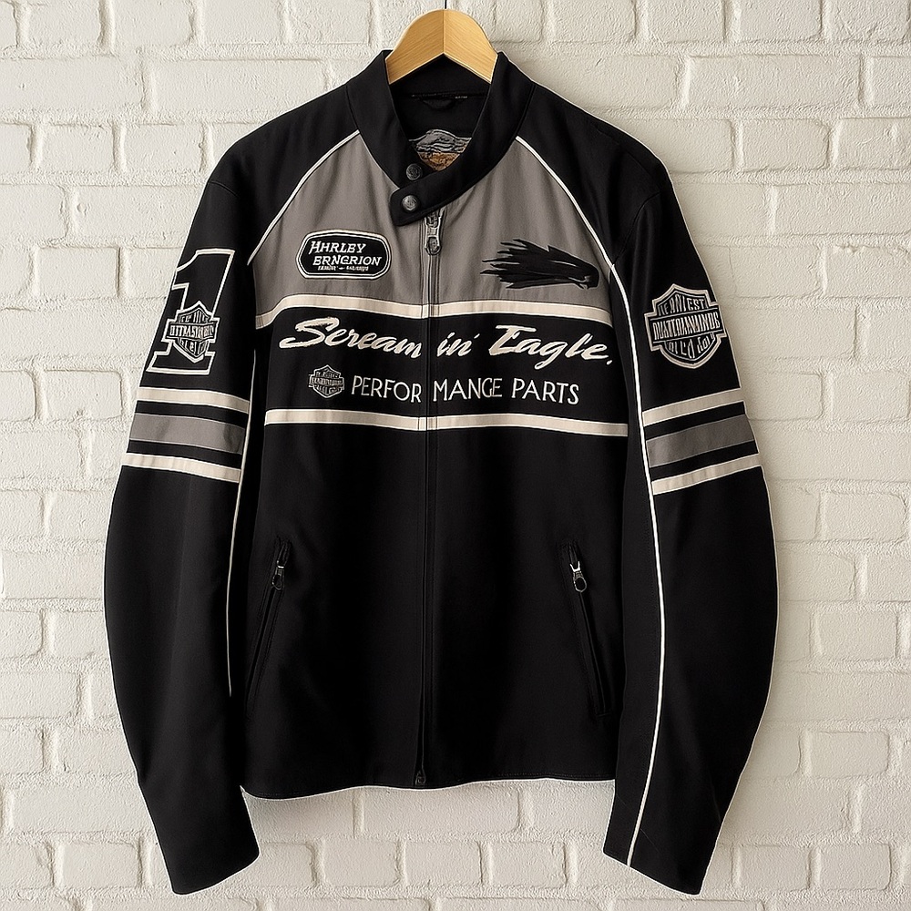 Vintage Harley Davidson Screaming Eagle Motorcycle Jacket Black Grey Nylon Logo